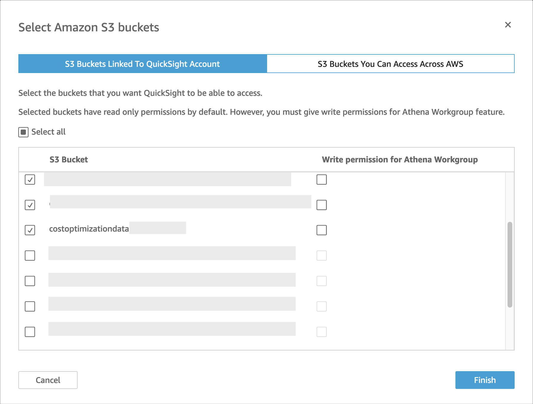 Image of s3 buckets that are linked to the QuickSight account. Enable bucket and give Athena Write permission to it.